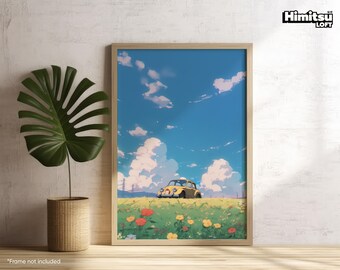 May include: A yellow vintage car driving through a field of flowers under a blue sky with white clouds. The car has a yellow body and a black roof. The flowers are red, yellow, and white. The sky is a bright blue with white clouds. The car is driving on a dirt road. The image is a digital illustration.