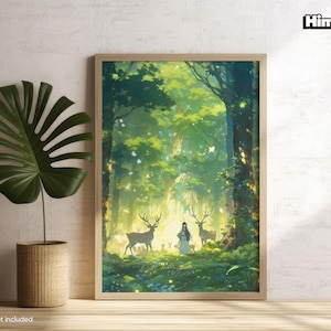 Ghibli Poster | Hirschwald Schutzgebiet | Landschaft Wandkunst | Anime Poster | Üppiger Anime Wald | Wohnzimmer Druck | Anime Mädchen | Tiere |