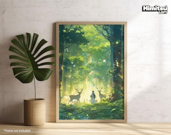 Ghibli Poster | Deer Forest Sanctuary | Landscape Wall Art | Anime Poster | Lush Anime Forest | Living Room Print | Anime Girl | Animals |