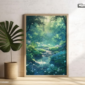 Ghibli Poster | Enchanted Beautiful Forest | Landscape Wall Art | Anime Poster | Lush Anime Forest | Living Room Print | Japanese Print |