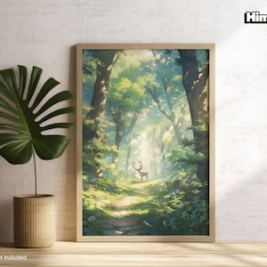 Poster Ghibli | Waldläden Schöner Wald | Landschaft Wandkunst | Anime Poster | Üppiger Anime Wald | Wohnzimmer Poster | Hirsch Kunst |