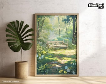 May include: A framed art print depicts a serene park scene with a wooden bench, lush greenery, and a sunlit path. The artwork features soft colors and a peaceful atmosphere, evoking a sense of tranquility. The print is displayed next to a potted plant.