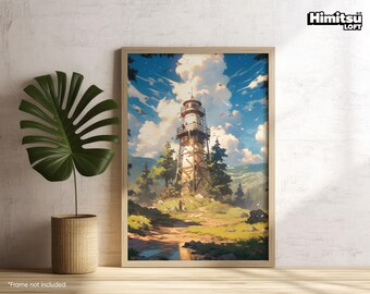 Ghibli Poster | Lookout Watchtower | Landscape Wall Art | Anime Poster | Beautiful Anime Forest | Living Room Print | Mountains And Clouds |