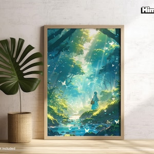 Ghibli Poster | Ätherischer schöner Wald | Landschaft Wandkunst | Anime Poster | Üppiger Anime Wald | Wohnzimmer Druck | Anime Mädchen |