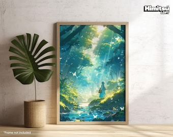 May include: A digital painting of a woman standing in a forest with a stream running through it. The woman is wearing a white dress and a blue jacket. The forest is lush and green, with sunlight streaming through the trees. There are butterflies flying around the woman.