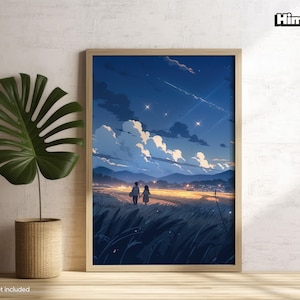 Cartel de Ghibli / Anochecer / Arte de la pared del paisaje / Cartel de anime / Noche estrellada / Impresión de la sala de estar / Hermosa puesta de sol / Pareja de anime / Campo