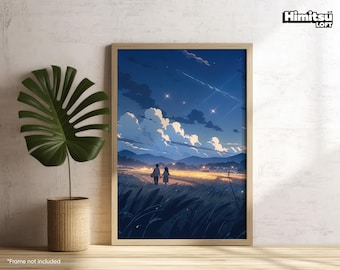 May include: A digital art print of a couple walking hand-in-hand through a field of tall grass under a starry night sky. The sky is a deep blue with white clouds and a few shooting stars. The couple is silhouetted against the light of a distant town.