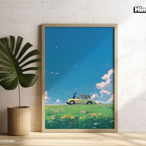 Ghibli Poster | Flower Fields | Landscape Wall Art | Anime Poster | Beautiful Countryside | Living Room Print | Minimalist Art | Car Print