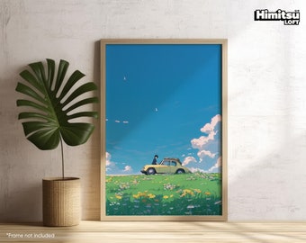 May include: A framed art print featuring a serene landscape with a yellow vintage car parked on a grassy hill. The artwork depicts a person sitting on the car, with a bright blue sky and fluffy white clouds. The print is displayed next to a potted plant.