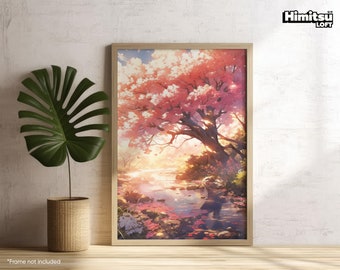 Ghibli Poster | Cherry Blossom Forest | Landscape Wall Art | Anime Poster | Lush Anime Sakura Forest | Living Room Print | Japanese Print |