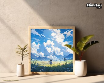 May include: A framed print of a digital painting depicting a lone figure standing in a field, looking towards a tall tower in the distance. The sky is a bright blue with fluffy white clouds. The field is green and lush, with a few trees scattered throughout.