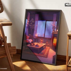 Frostlight | Cozy Anime Room | Candlelit Room | Anime Poster | Living Room Print | Japanese Print | Winter Poster | Purple Art