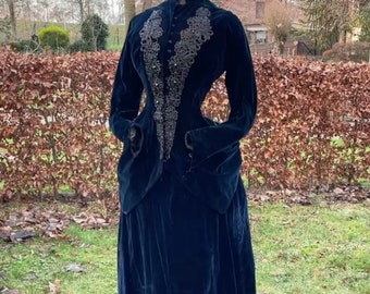 1885 Blue Velvet Gown with beaded apliques AS IS (disrepair), Lady Lucille Sharpe Crimson Peak style, intricate beading, Gothic Glamour Gown