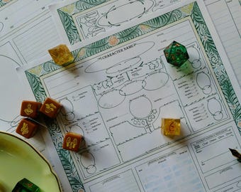 May include: White character sheets with green floral borders and various dice. The dice are in shades of green, yellow, and brown. The sheets have areas for character information, including "CHARACTER NAME" and "INVENTORY OF".