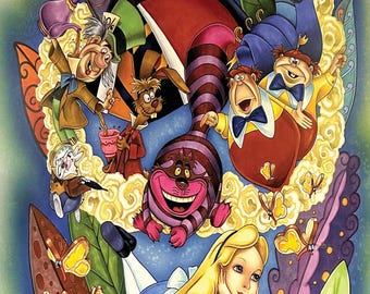 Alice in Wonderland Lithograph Poster, Cheshire Cat Mad Hatter Print, Disney 1951 Wall Art, Wonderland Characters Decor, Disney Fan Gift