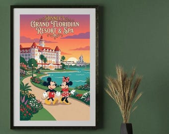 Disney Grand Floridian Resort Mickey Minnie Mouse Art Print | Walt Disney World Monorail Castle Wall Art | Vintage Disney Decor