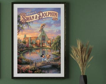 Disney Swan and Dolphin Resort Mickey Minnie Mouse Art Print | Walt Disney World Sunset Wall Art | Vintage Disney Decor