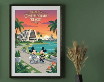 Disney Contemporary Resort Mickey Minnie Mouse Art Print | Walt Disney World Monorail Castle Wall Art | Vintage Disney Decor