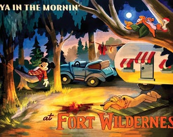 May include: A colorful illustration featuring Mickey Mouse sleeping in a hammock, a blue car, a camper trailer, and Pluto resting on a mat near a campfire. The text reads SEE YA IN THE MORNIN' at FORT WILDERNESS, with two chipmunks in a tree above.