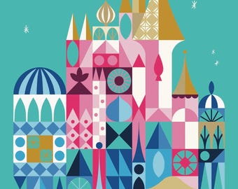 Its a Small World Print, Mary Blair Inspired Disney Art, Disney Parks Poster, Disneyland Castle Decor, Disney World Poster, Theme Park Art