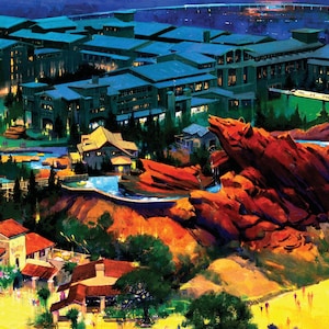 May include: A vibrant artistic rendering of a resort complex featuring a large red rock formation shaped like a bear, surrounded by green trees, water features, and multi-story buildings under a dark blue night sky with a monorail track above.