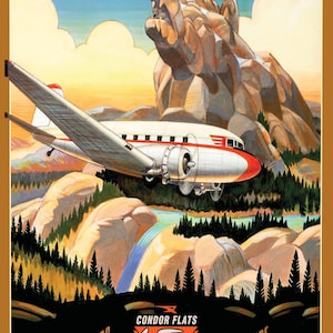 May include: A vintage-style travel poster for Disney's California Adventure featuring a propeller airplane flying over a mountain shaped like a bear. The text reads Disney's California Adventure, Condor Flats Air Tours, Enjoy New Frontiers, Wings to Adventure, and Copyright Disney.