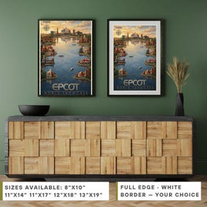 EPCOT World Showcase Lagoon Poster, Spaceship Earth Retro Theme Park Art Print, Disney World Poster, Theme Park Art, Disney Gift Idea