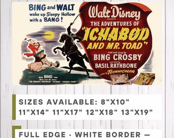 Adventures of Ichabod and Mr Toad Movie Poster, Headless Horseman Print, 1949 Disney Wall Art, Vintage Disney Decor, Bing Crosby Fan Gift