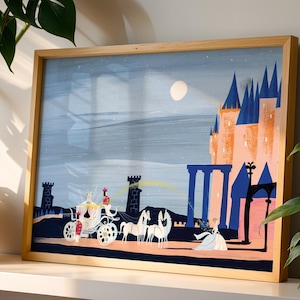 Mary Blair Cinderella Castle Arrival Concept Art Print, Disney 1950 Royal Coach Wall Art, Mid Century Disney Princess Decor, Theme Park Art image 1