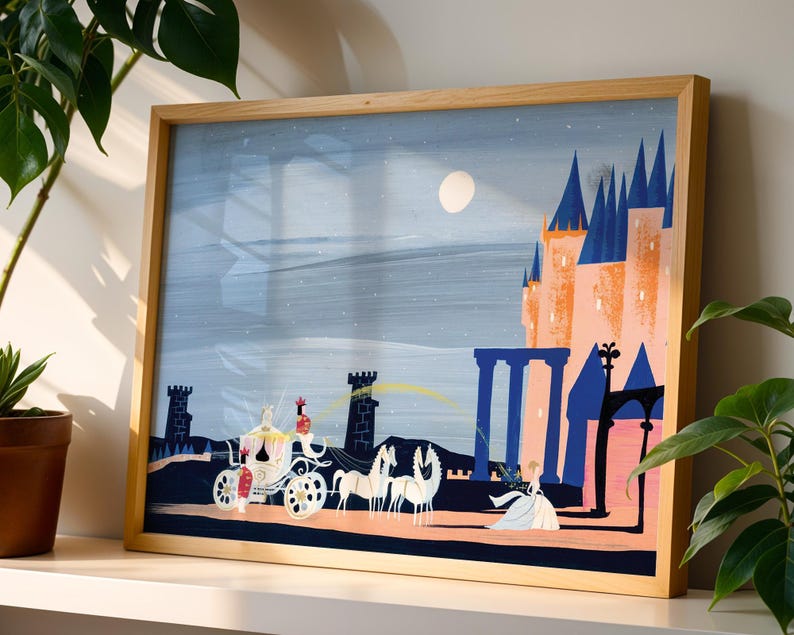 Mary Blair Cinderella Castle Arrival Concept Art Print, Disney 1950 Royal Coach Wall Art, Mid Century Disney Princess Decor, Theme Park Art image 1