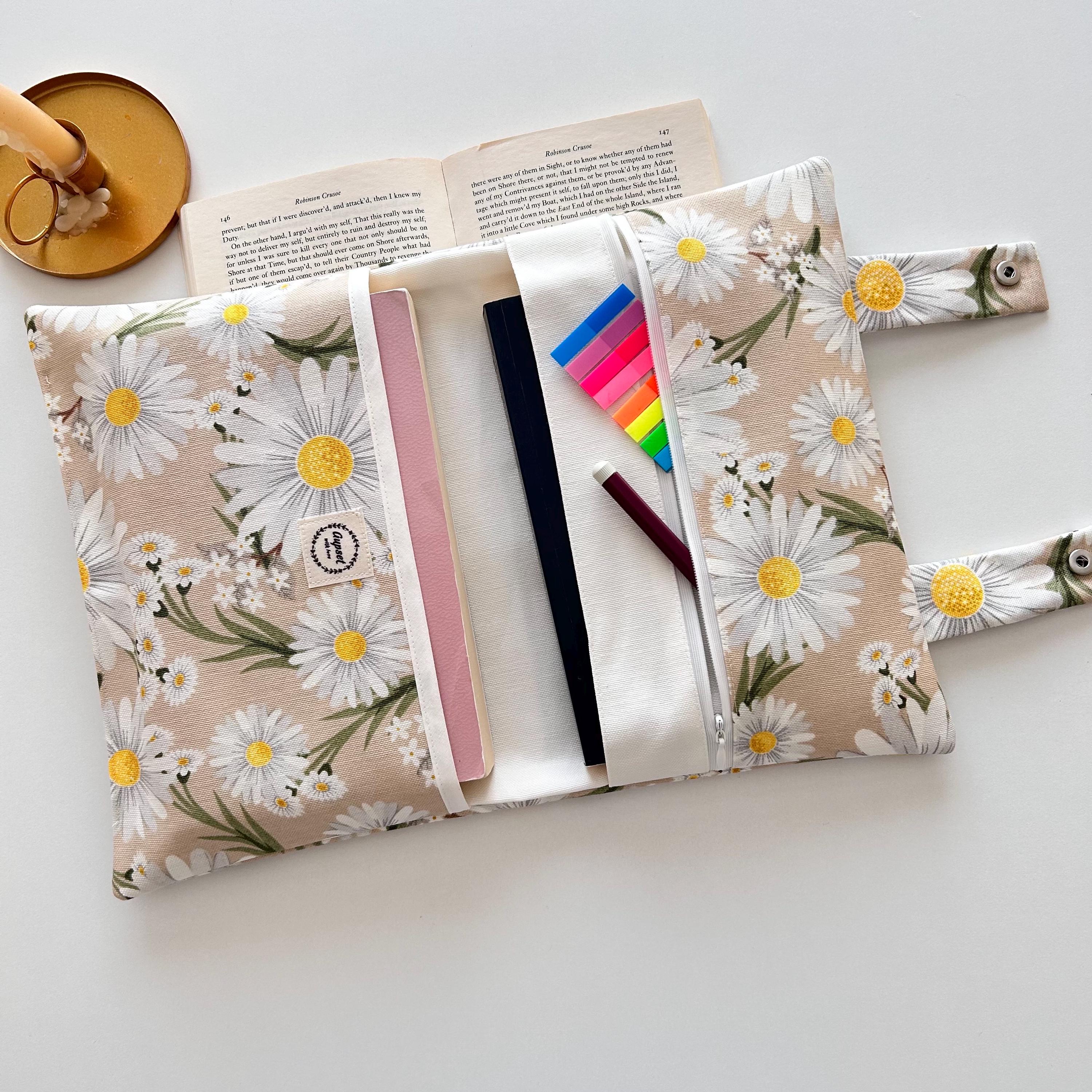 Daisy Book Cover – Two-pocket Fabric Book Sleeve – Cream Floral Cotton ...