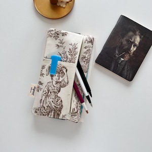 Toile de Jouy Pencil Case with Elastic Band, Zippered Pen Pouch, Fabric Pencil Holder, Handmade Stationery Organizer
