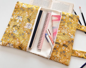 Floral Yellow Book Sleeve with Zipper Pocket – Handmade Fabric Book Cover with Two Pockets
