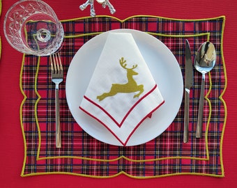 Set of Christmas Napkins with Deer Embroidery, Placemats,Napkin,Patterned Table cloth,Christmas tableware,Tartan Plaid Placemats,Table cloth
