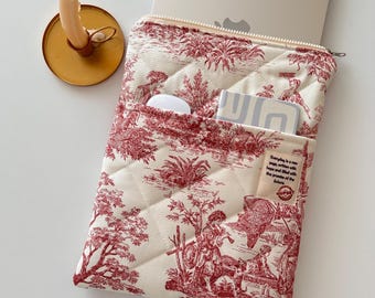 Toile de Jouy Laptop Sleeve in Burgundy – French Fabric MacBook Case with Pocket– Aesthetic Laptop Sleeve – MacBook 13 14 15 inch Sleeve