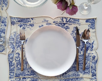 Toile de Jouy Placemats , Patterned Table cloth, Placemats sets, Kitchen Linens, Table cloth,placemats set of 4, pacemats set of 6