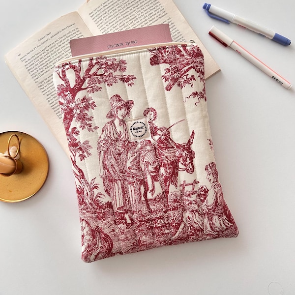 Funda para libros hecha a mano, funda acolchada, funda de Toile Jouy, regalo para la vuelta al cole o Navidad.