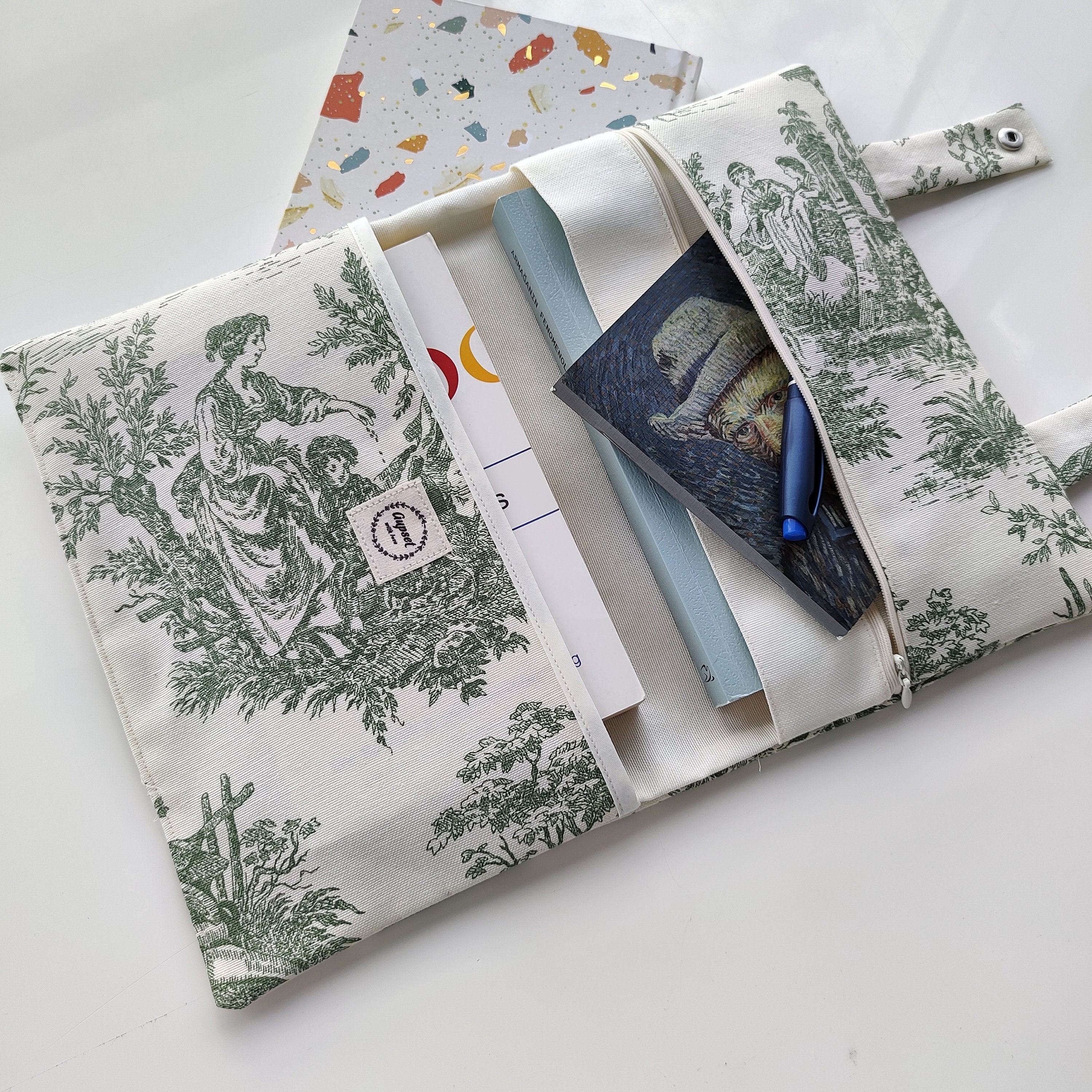 Toile de Jouy fabric , Book Sleeve, Book Bag, Book Purse, Book Protector,Book Cover, Book Pouch, Back to School or Christmas Gift