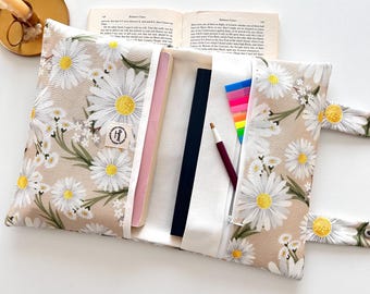 Daisy Book Cover – Two-Pocket Fabric Book Sleeve – Cream Floral Cotton Pouch for Books – Cottagecore Book Accessory