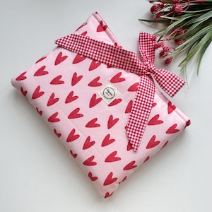 Couverture de livre ruban motif coeur doux - Protège-livre en tissu fait main, couverture de bible, idée cadeau mignonne