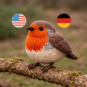 Patrón de tejido realista de petirrojo en PDF, tutorial de amigurumi de pájaro, juguete de animal del bosque, descarga digital en inglés y alemán.