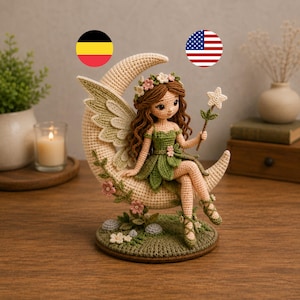 Månfe på halvmånen virkmönster, Amigurumi-fédocka med lövvingar, kronbladsklänning, månställ, PDF engelska och tyska