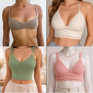 May include: Four crochet tops in different colors. The top left is tan, the top right is off-white, the bottom left is green, and the bottom right is pink. Each top has a unique design, including halter and tie straps.