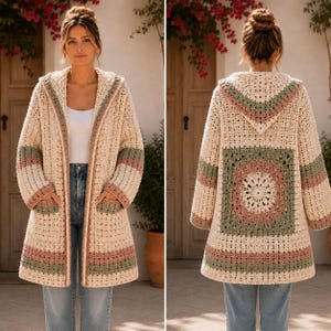 May include: A long-sleeved crochet cardigan featuring a hood and an open front. The garment is primarily cream-colored with horizontal stripes in muted sage green and dusty rose. The back displays a large, intricate square crochet motif.