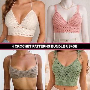 Crochet Bralette Pattern, 4 Crochet Bralette Pattern Bundle, Boho Crop Top Crochet Patterns, Pdf Tutorial US + DE