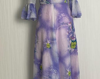 ヴィンテージ 1970年代 ヒッピー風 黒と青の花柄プリントドレス M～L