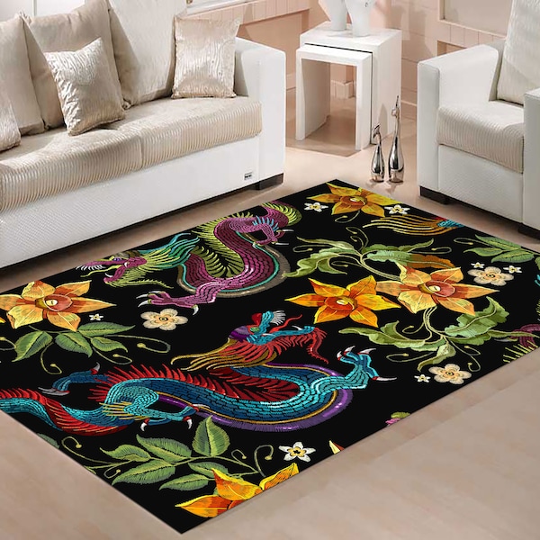 Tapis à motifs japonais,Tapis fleurs dragons,Tapis classique,Tapis dragon mythe,Tapis dragon asiatique à motifs,Tapis moderne,Tapis lavable,Tapis moderne,Tapis coloré