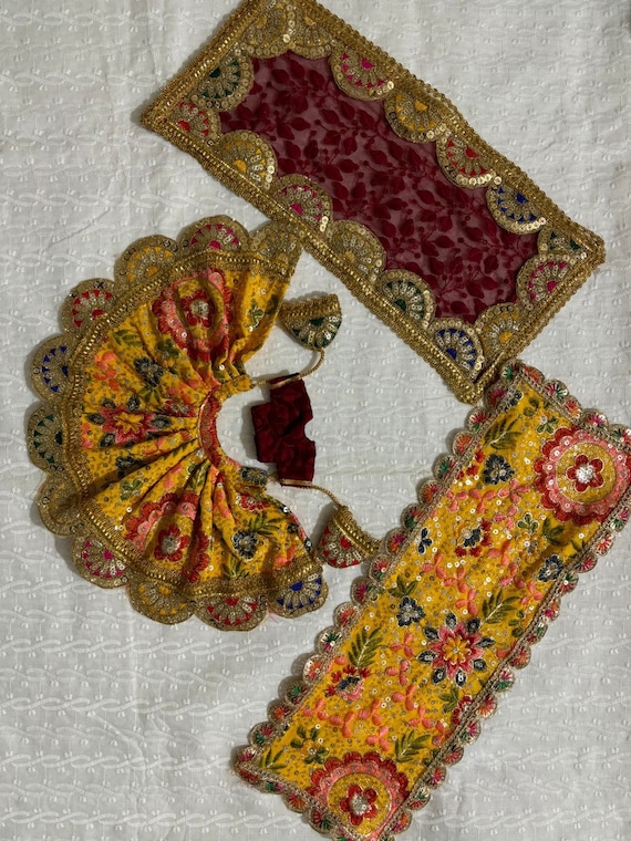 Handmade Yellow Floral Embroidered Dress for 12-inch Radha Krishna Idol