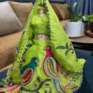 Handcrafted Lime Green Radha Krishna Dress Set | Embroidered Parrot Design