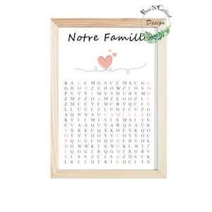 Peut inclure: Un mot croisé imprimable avec les mots "Notre Famille" en haut et un motif de cœur rose. Le puzzle contient les mots "famille", "maman", "papa" et "maison" cachés dans une grille de lettres.